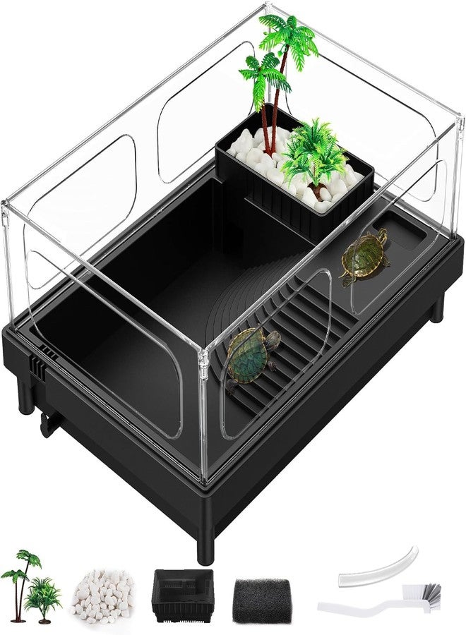 MoonOrange Small Turtle Tank, Aquarium, Acrylic Terrarium with Basking Platform, Bottom Drainage, Multi-Function Areas for Turtles, Crabs, Crayfish, Reptiles.(Black) - Image 1